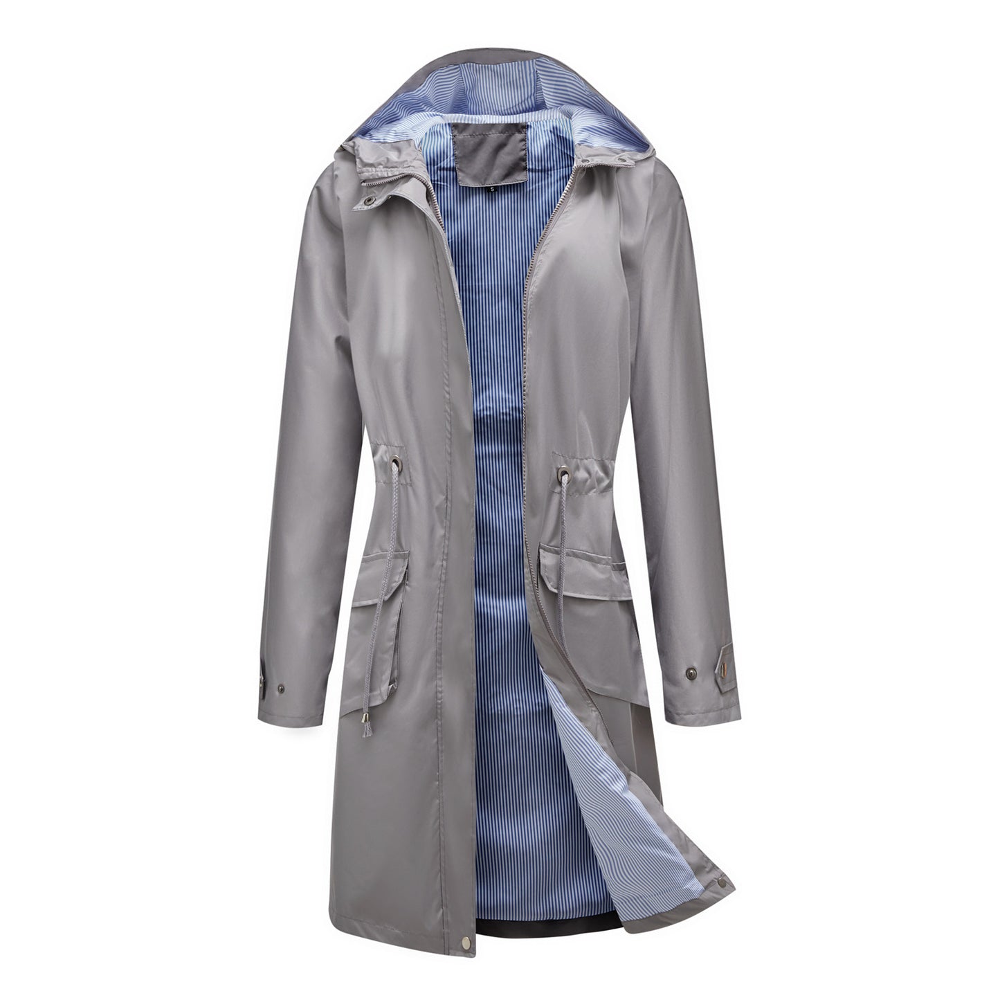 Long Casual Windbreaker Women's Waterproof Hooded Solid Color Top Striped Lining Straight Coat - iztia
