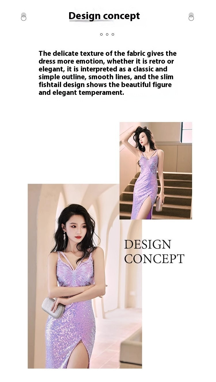 New Sequined Evening Dress Autumn And Winter Purple French Style High Sense Banquet - iztia
