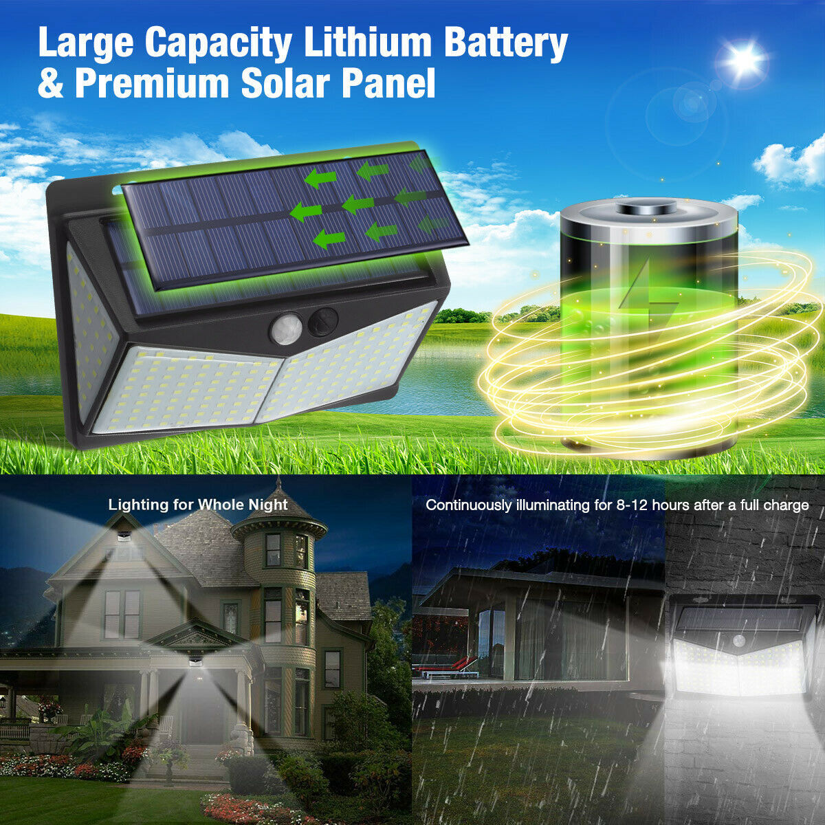 Iztia® Solar Outdoor Lights - 3000LM, 188 LED Motion Sensor, 4-Head IP65 Waterproof Security Flood Lights, 270° Wide Angle Wall Lights for Backyard and Yard - iztia