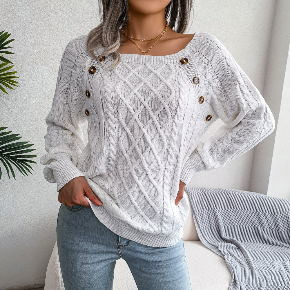 Square Neck Button Fried Dough Twists Knitting Pullover Sweater - iztia