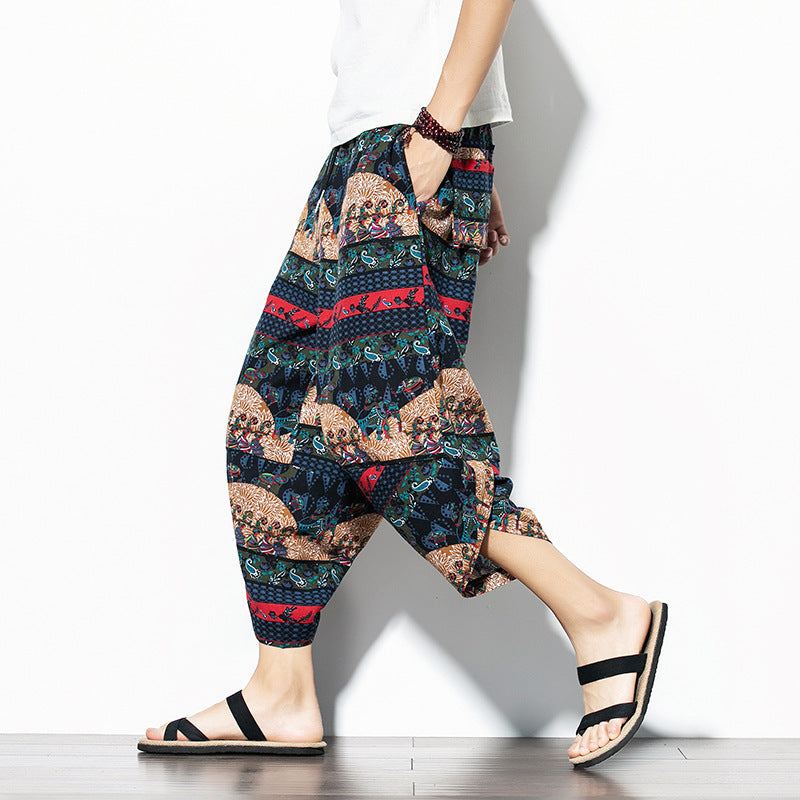 Printed Pants Baggy Cotton And Linen Loose Casual Cropped Pants - iztia