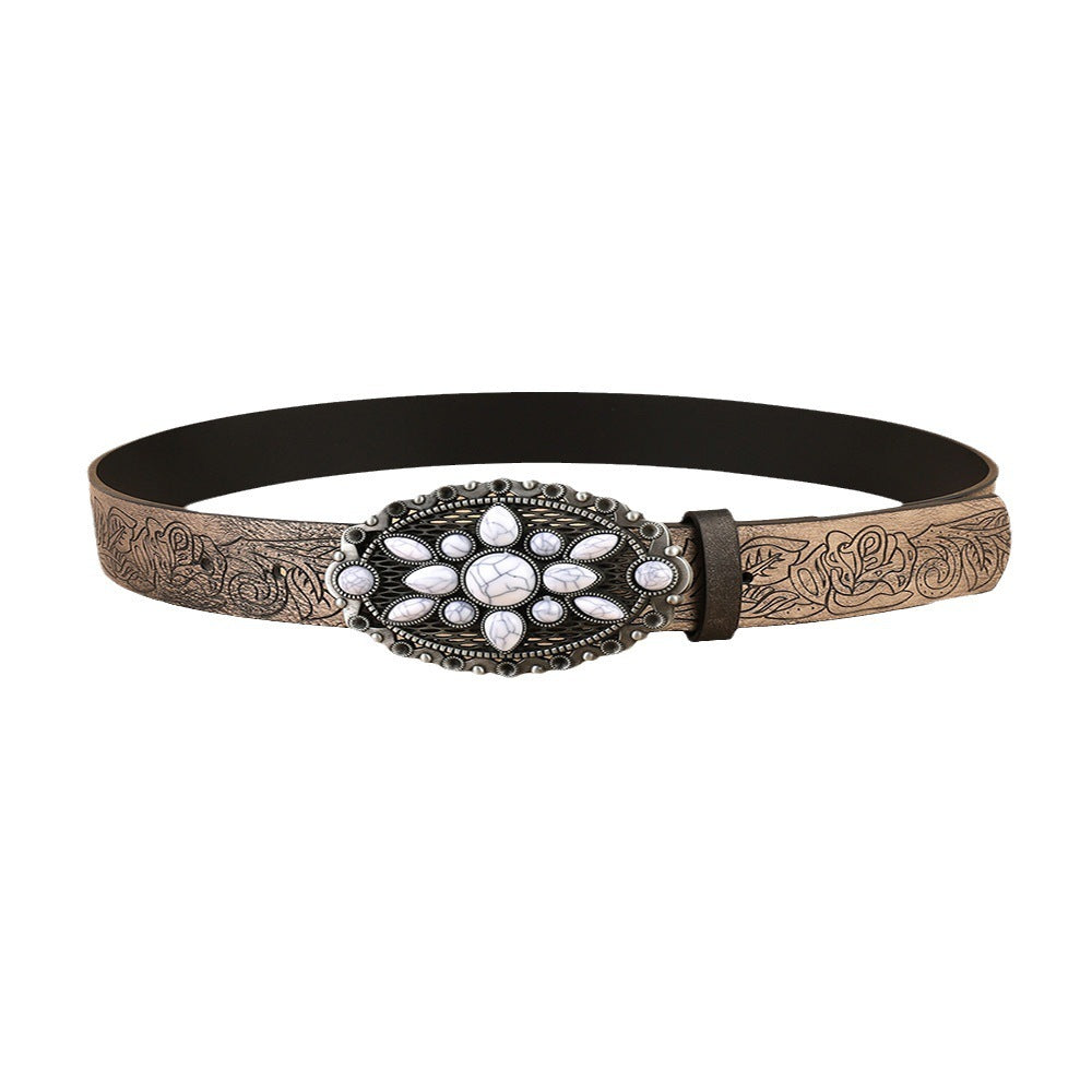 Retro White Gem Personality All-matching Printed Fashion Decoration Belt - iztia