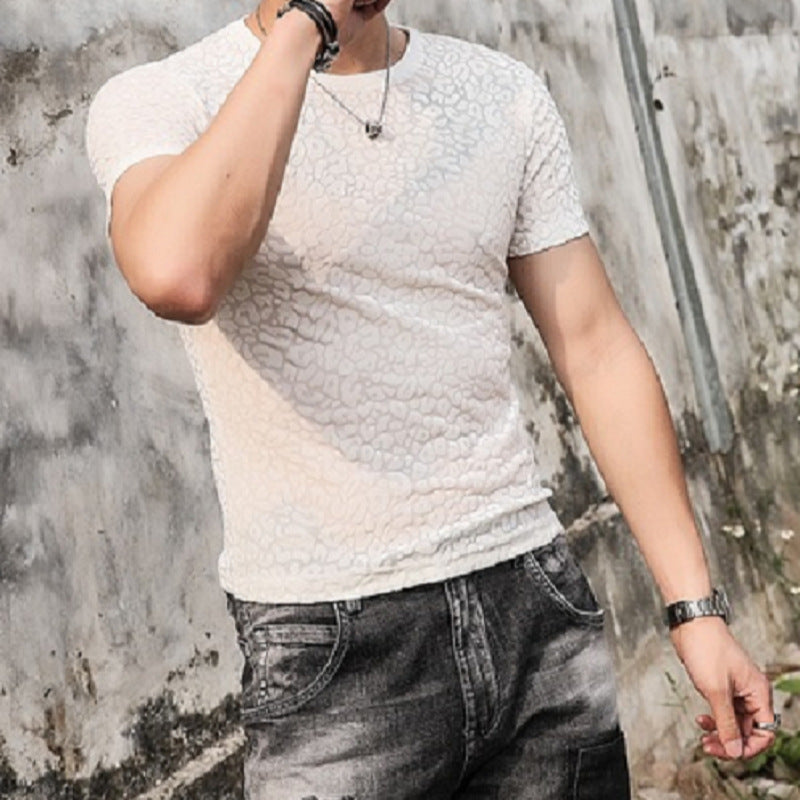 Men's Gold Velvet Ice Silk Cut-out Breathable Short Sleeve Round Neck T-shirt - iztia