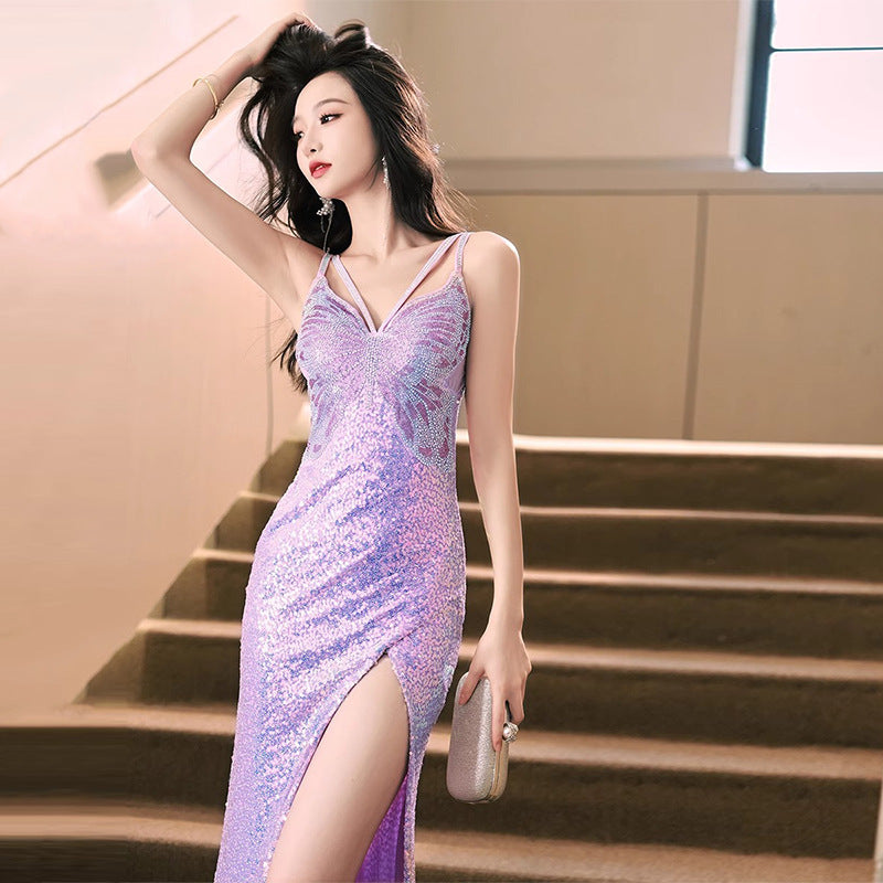 New Sequined Evening Dress Autumn And Winter Purple French Style High Sense Banquet - iztia
