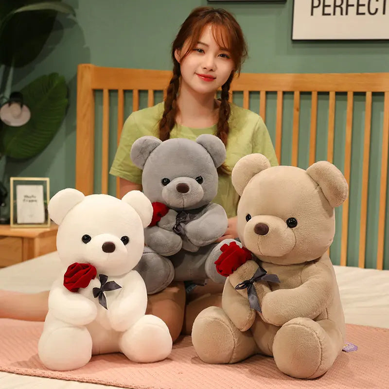 23-45cm New Lovely Hug Roses Teddy Bear Plush Pillow Stuffed Soft Animal Dolls Nice Birthday Gift Girlfriend Valentine's Day - iztia