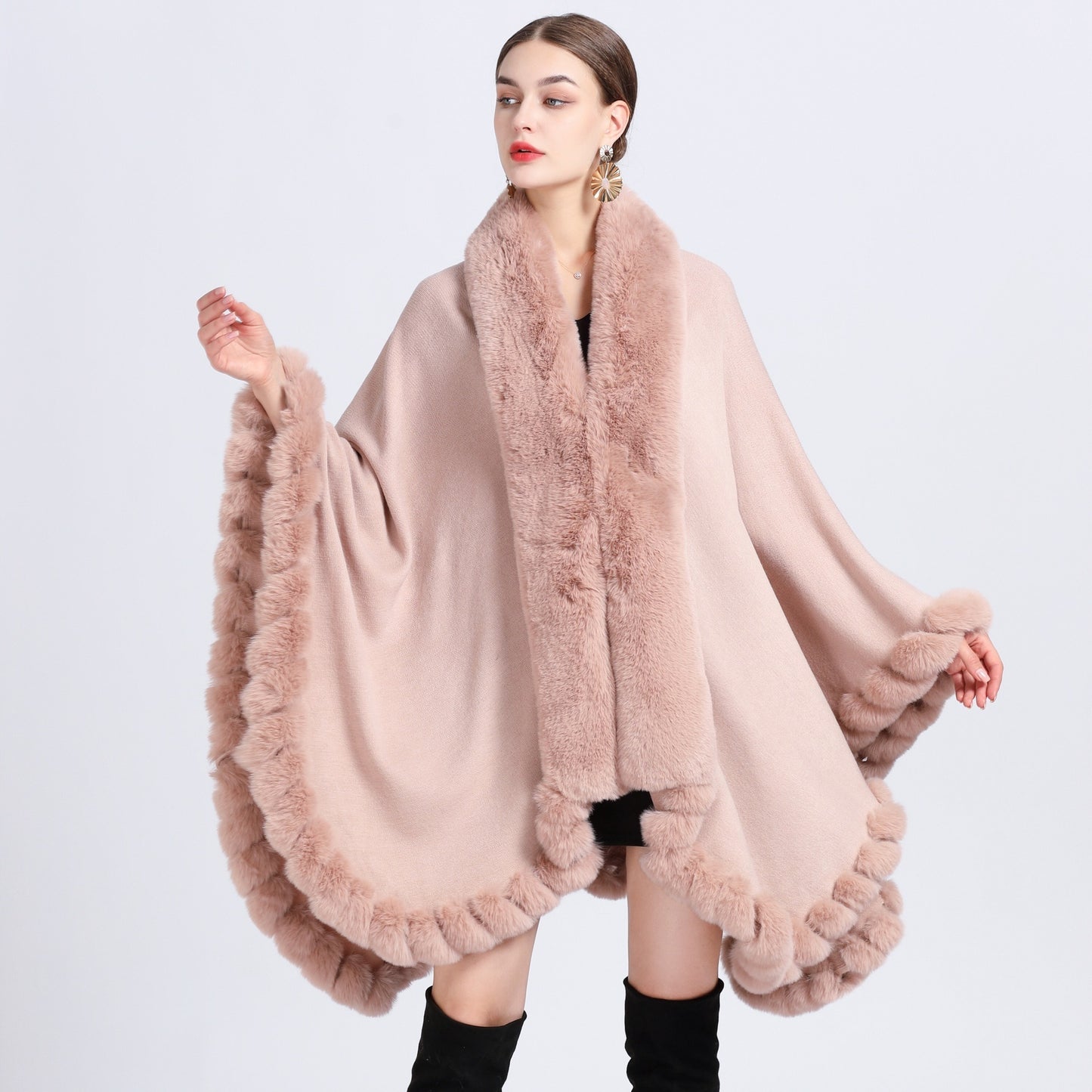 Rex Rabbit Fur Collar Shawl Irregular Oversized Knitted Cardigan Baggy Coat - iztia