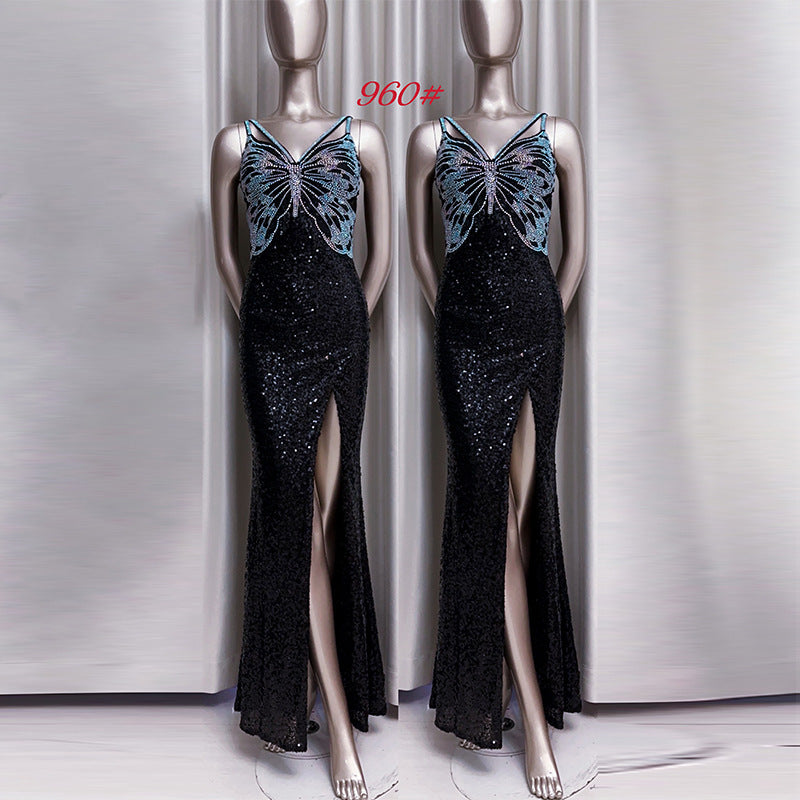 New Sequined Evening Dress Autumn And Winter Purple French Style High Sense Banquet - iztia