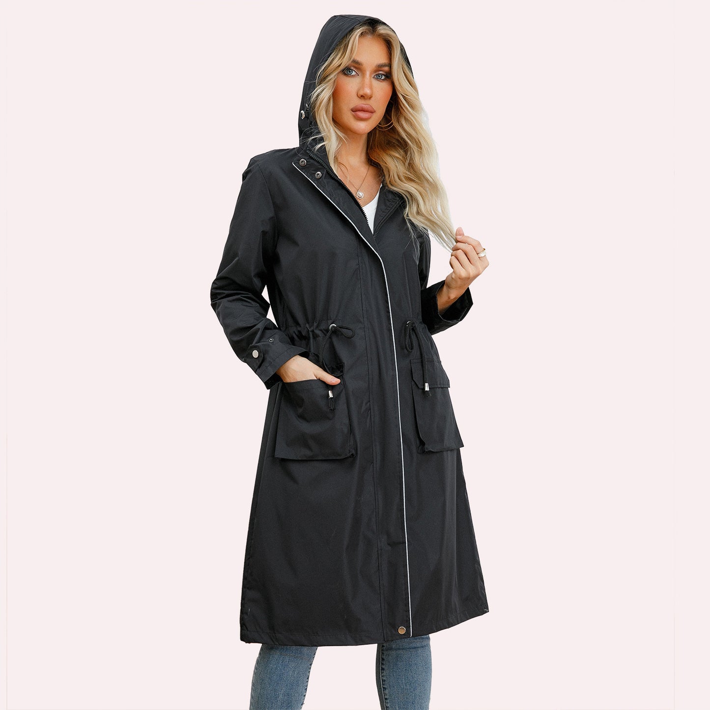 Long Casual Windbreaker Women's Waterproof Hooded Solid Color Top Striped Lining Straight Coat - iztia