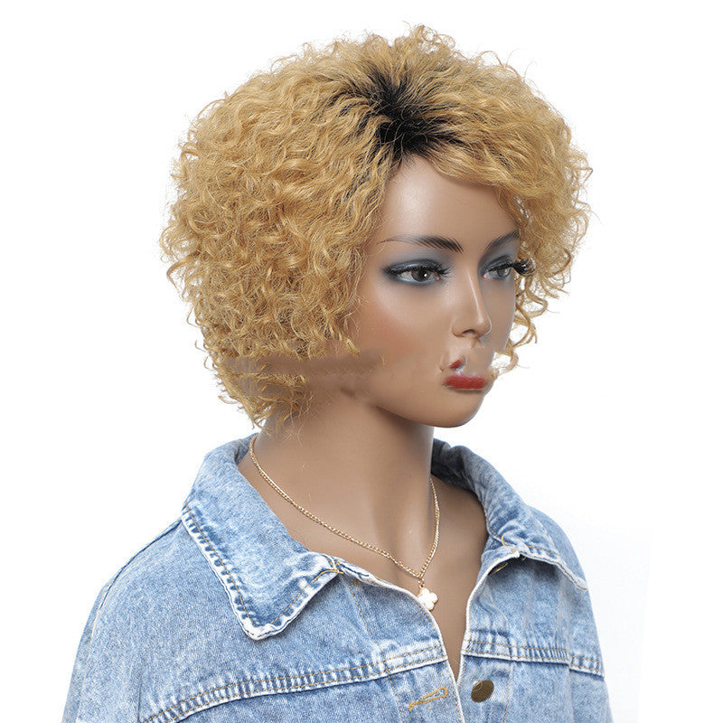 Small Curly Real Hair Headgear, Gradual Fluffy Head High-end Short Hair Cover - iztia