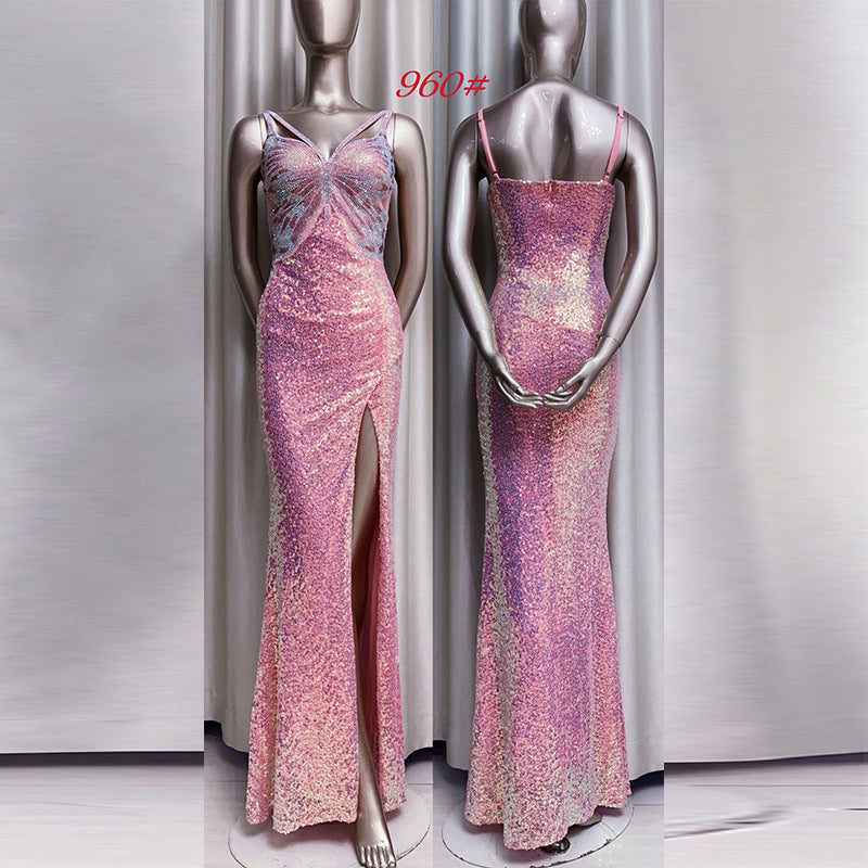 New Sequined Evening Dress Autumn And Winter Purple French Style High Sense Banquet - iztia