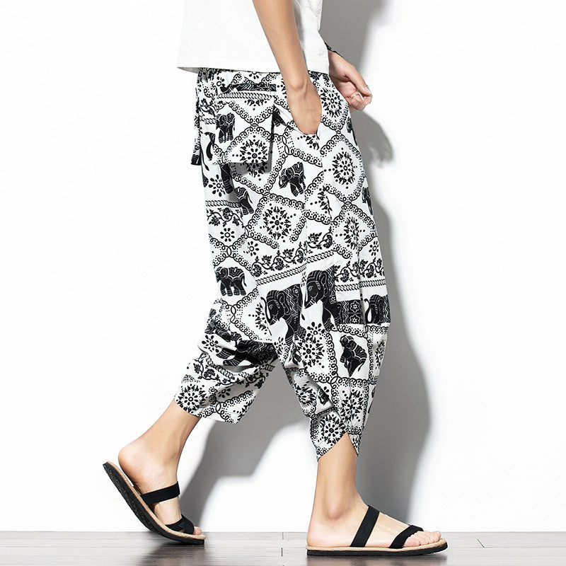 Printed Pants Baggy Cotton And Linen Loose Casual Cropped Pants - iztia