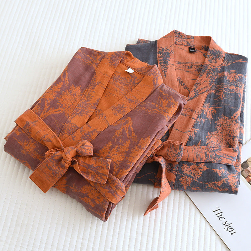 A double jacquard pajama robe for women, made of soft cotton and adorned with lace, designed for relaxed comfort - iztia