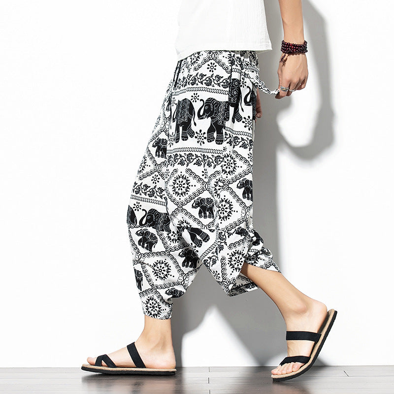 Printed Pants Baggy Cotton And Linen Loose Casual Cropped Pants - iztia
