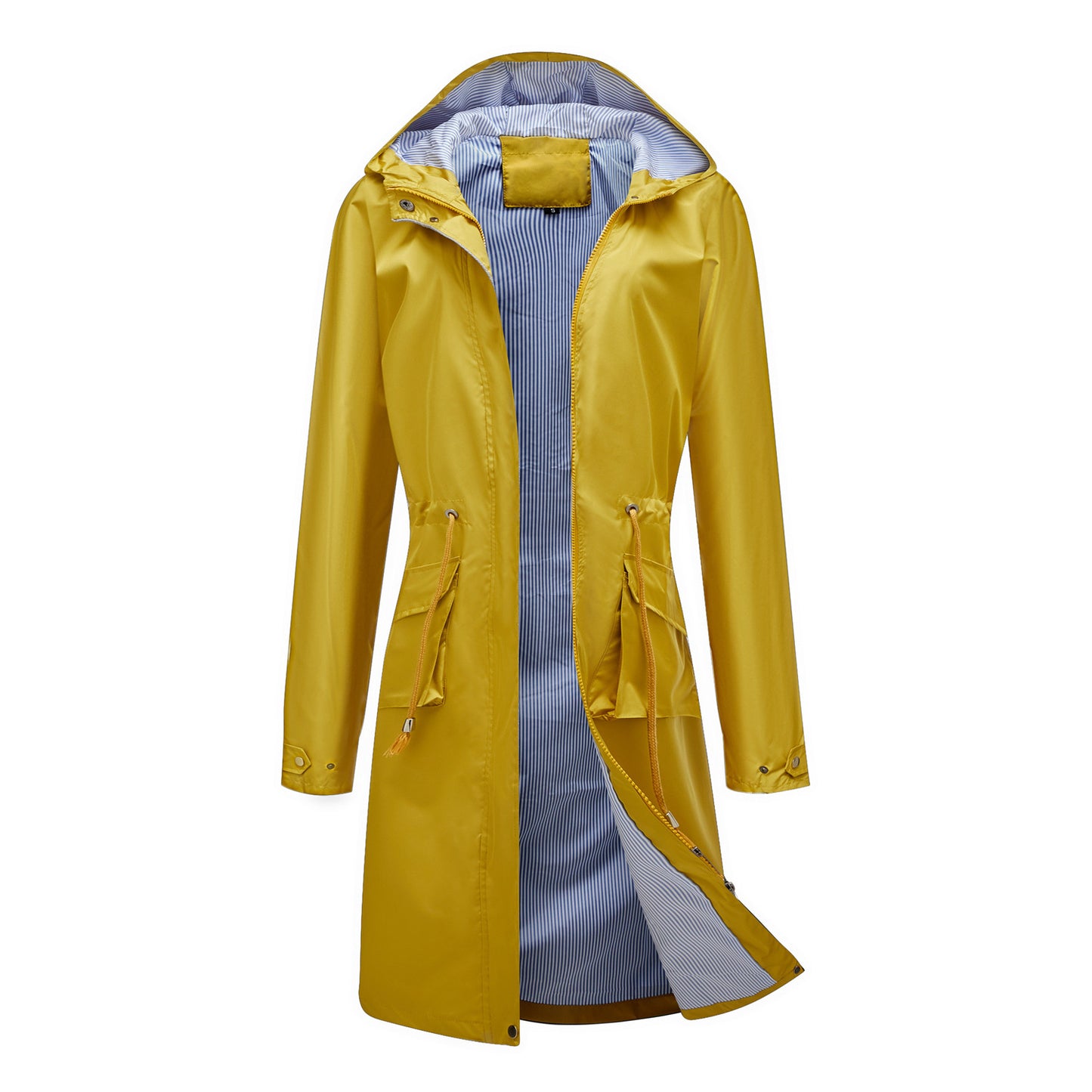 Long Casual Windbreaker Women's Waterproof Hooded Solid Color Top Striped Lining Straight Coat - iztia