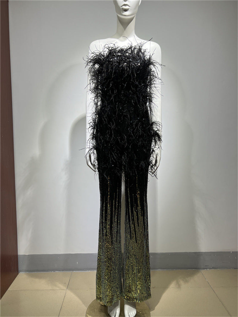 Ostrich Feather Gradient Sequin Tube Top Jumpsuit - iztia