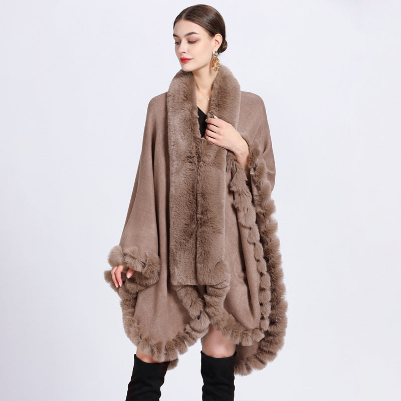 Rex Rabbit Fur Collar Shawl Irregular Oversized Knitted Cardigan Baggy Coat - iztia