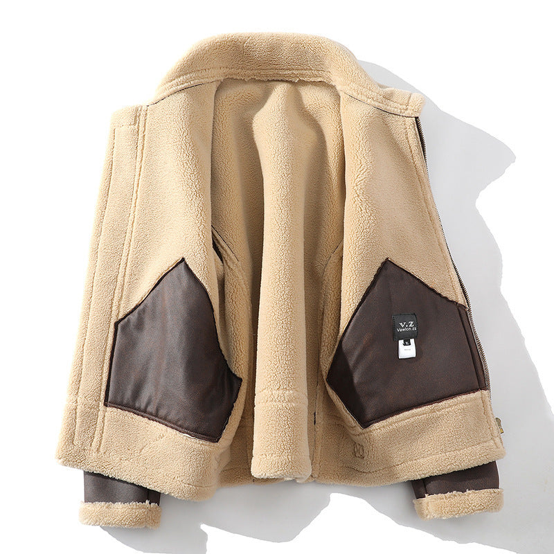 Men's Polo Collar Jacket Casual Plus Size Fur Integrated Fleece-lined Thickened - iztia