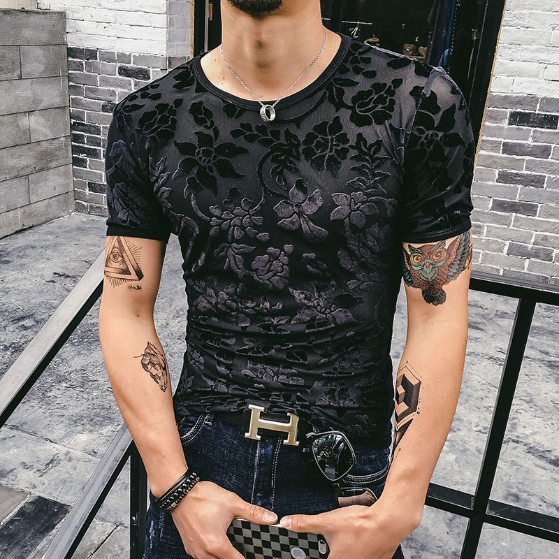 Men's Gold Velvet Ice Silk Cut-out Breathable Short Sleeve Round Neck T-shirt - iztia