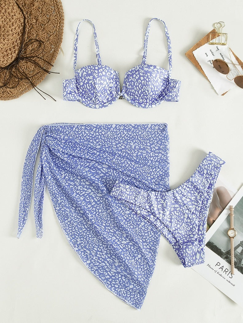 Three-piece Floral Bikini Beach Dress - iztia