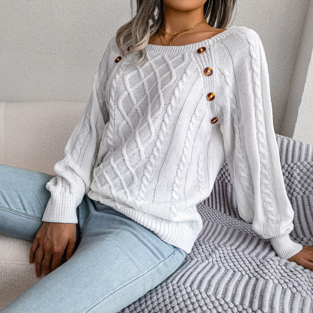 Square Neck Button Fried Dough Twists Knitting Pullover Sweater - iztia