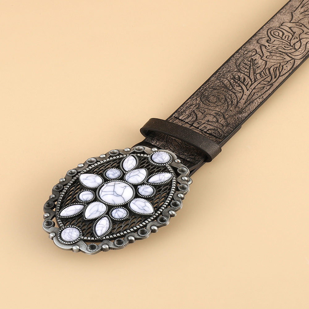 Retro White Gem Personality All-matching Printed Fashion Decoration Belt - iztia