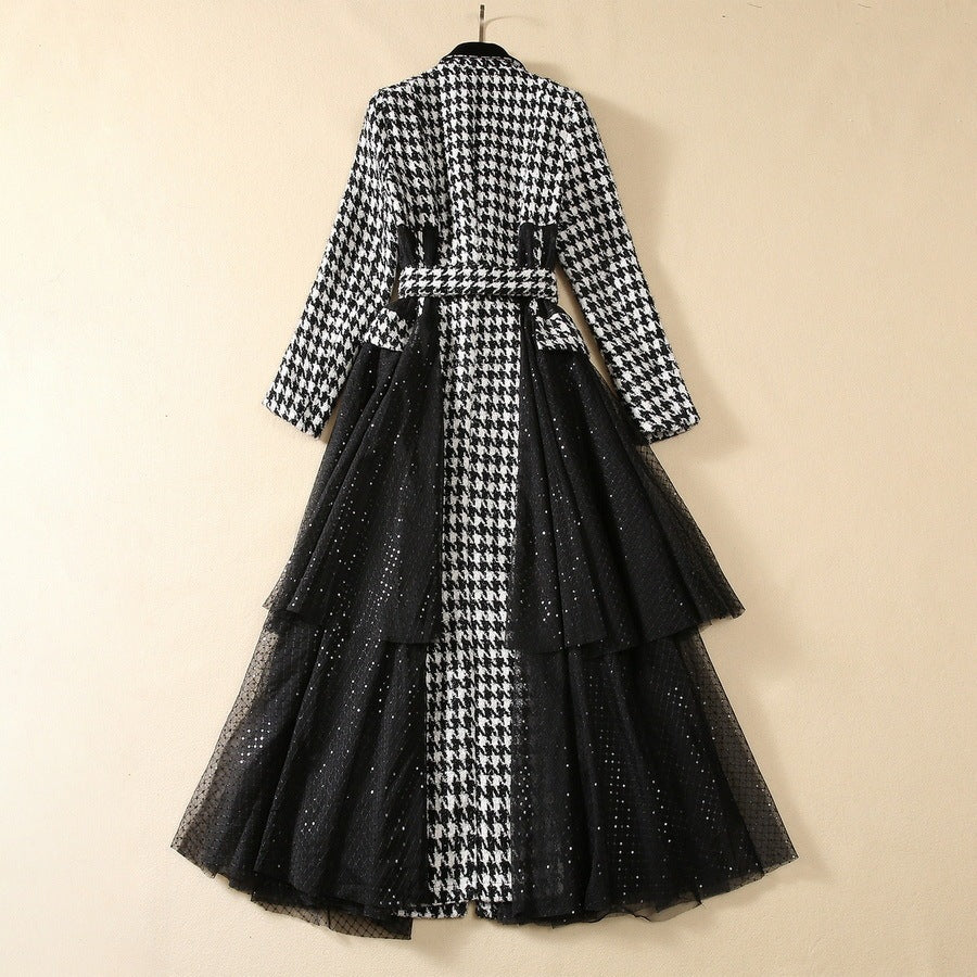 Houndstooth Stitching Sequins Tulle Skirt Style Coat Overcoat - iztia