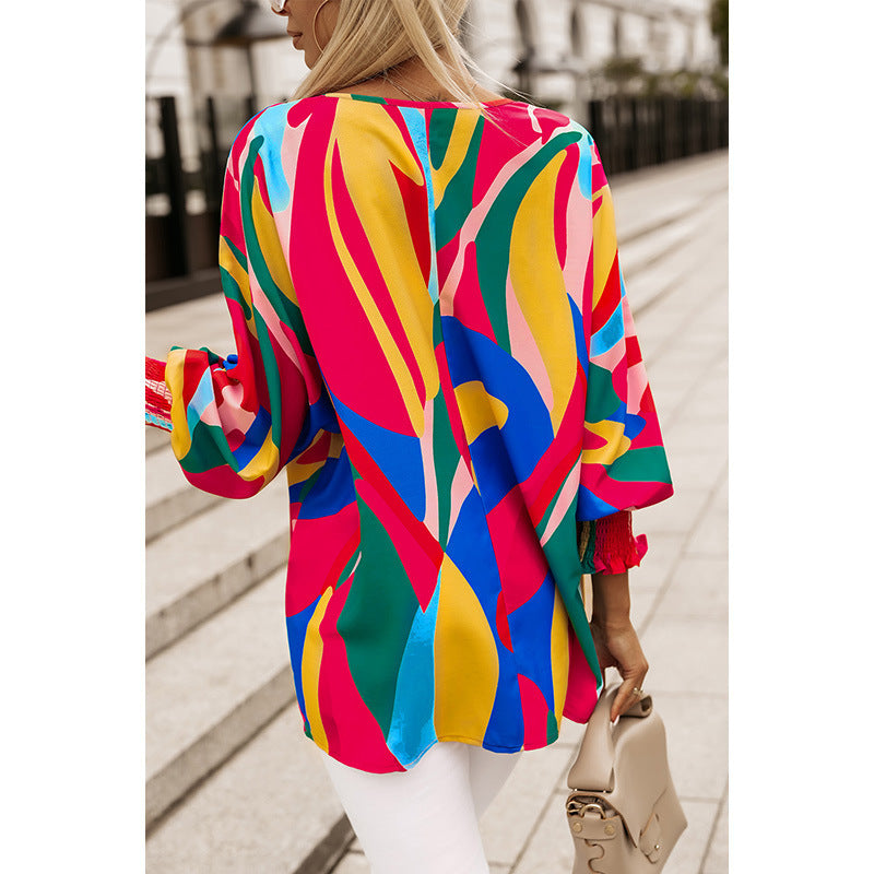 Multi-color Pullover Chiffon Shirt Personalized Abstract Printing Ruffled Long-sleeved Top - iztia