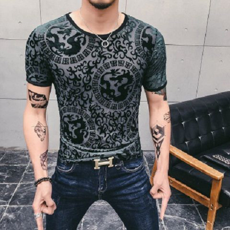 Men's Gold Velvet Ice Silk Cut-out Breathable Short Sleeve Round Neck T-shirt - iztia