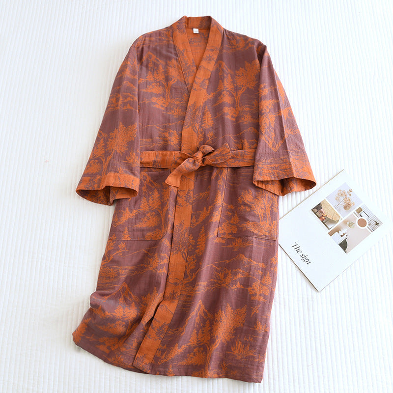 A double jacquard pajama robe for women, made of soft cotton and adorned with lace, designed for relaxed comfort - iztia