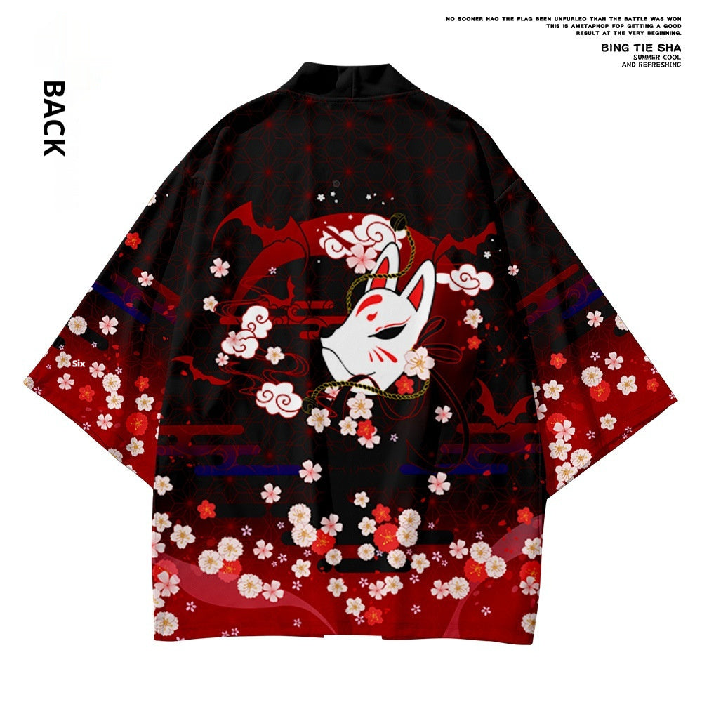 Peach Blossom Kimono Fox Mask Robe Sun-protective Clothing - iztia