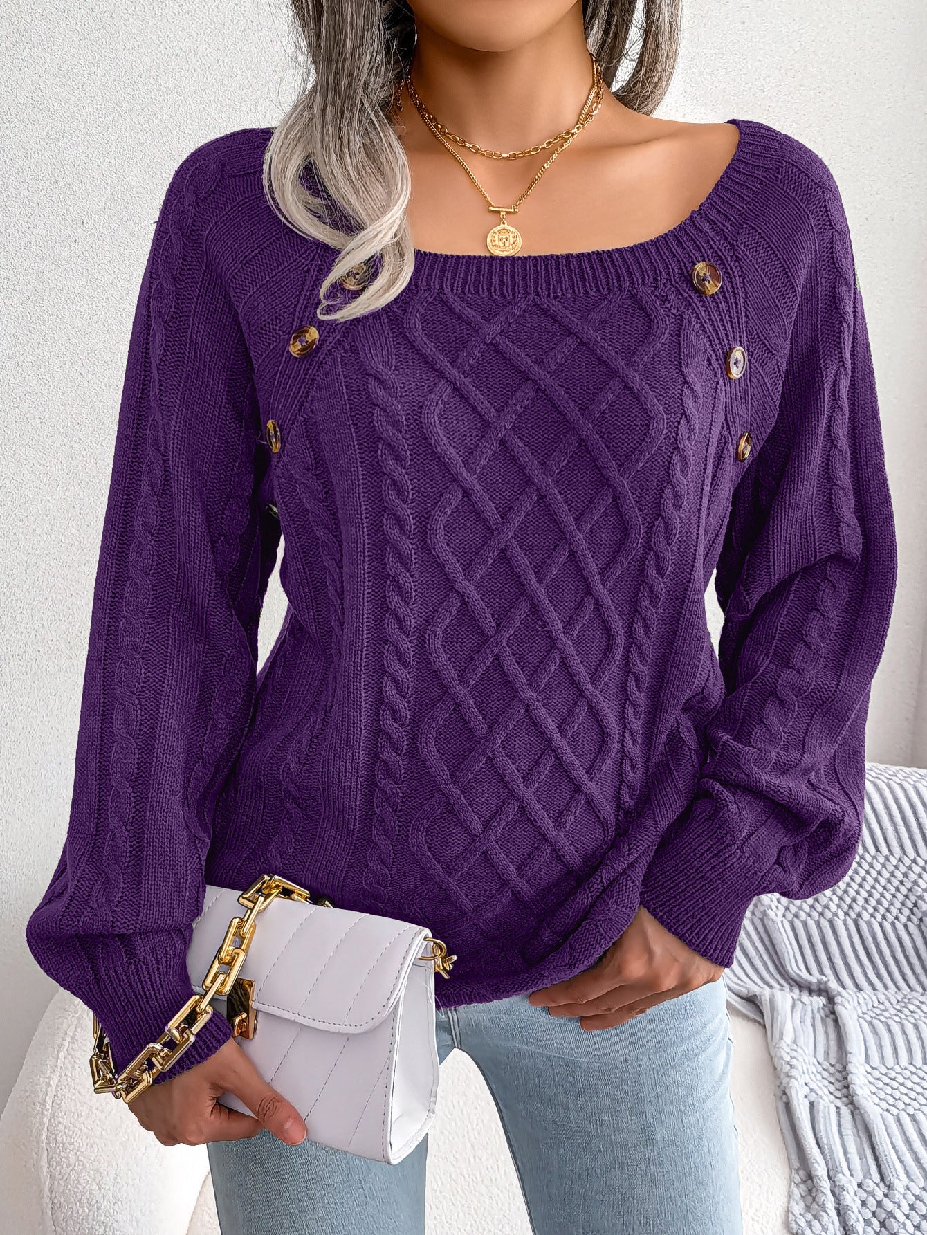 Square Neck Button Fried Dough Twists Knitting Pullover Sweater - iztia