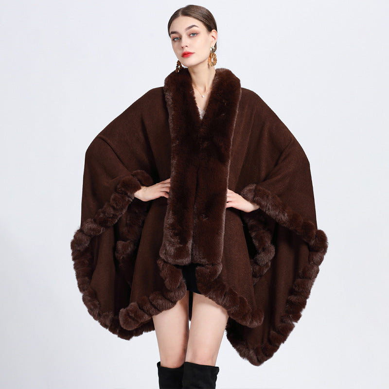 Rex Rabbit Fur Collar Shawl Irregular Oversized Knitted Cardigan Baggy Coat - iztia