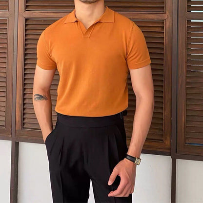 Men's Lapel Knitted Short-sleeved Slim T-shirt - iztia