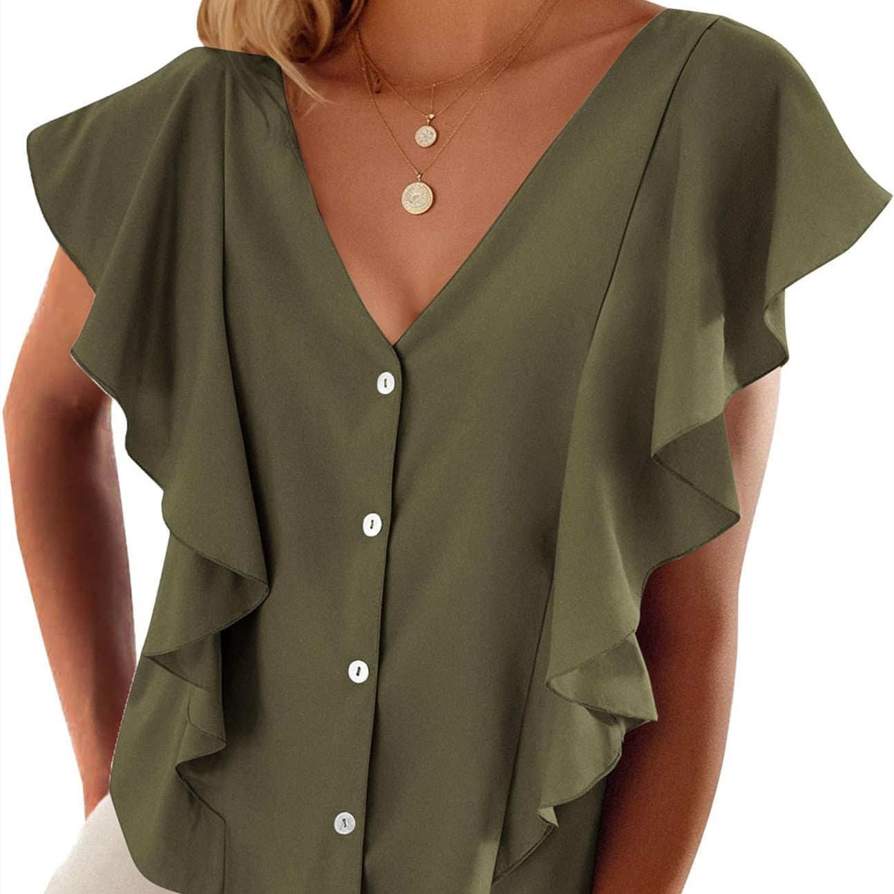 Women's Top Pleated Cover Ruffle Sleeve V-neck - iztia