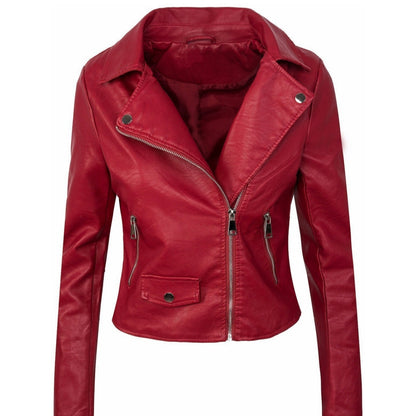 Women's Fall Winter Coat Slim PU Leather Short Zipper Leather Jacket Leather Coat - iztia