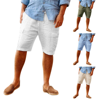 Men's Casual Vacation Beach Hawaiian Cotton Linen Multi-pocket Workwear Shorts - iztia