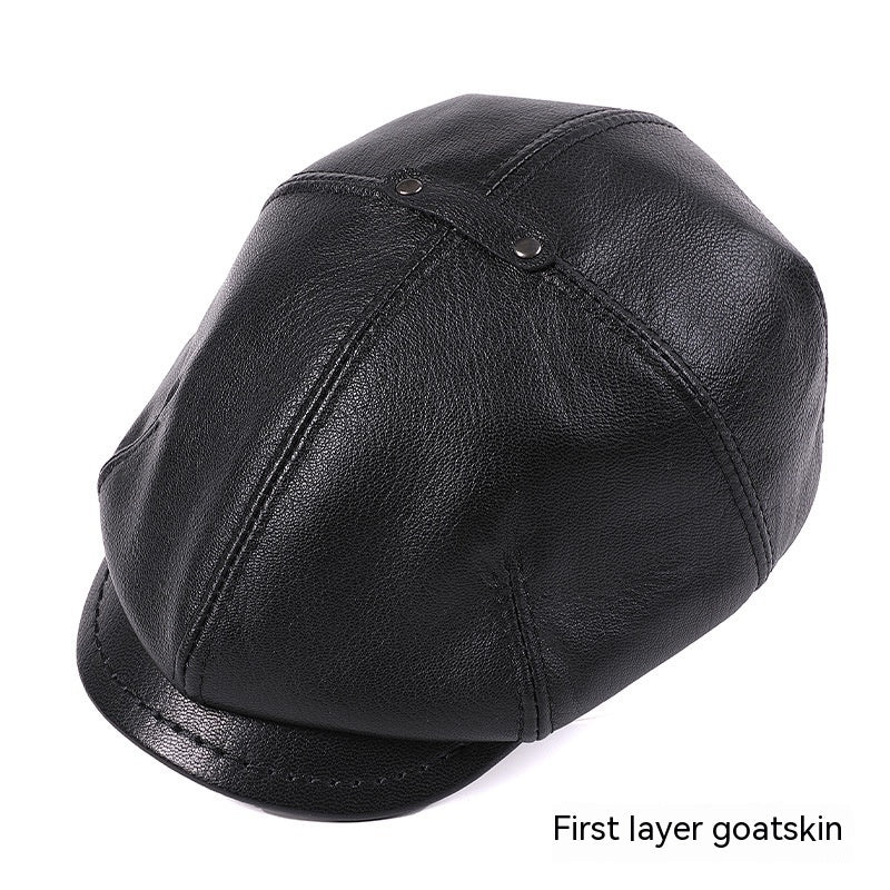 Men's Sheepskin Peaked Cap Beret Vintage Newsboy Painter Octagonal Leather Hat British - iztia