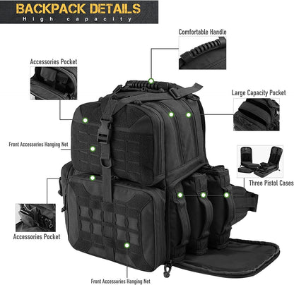 Tactical Range Backpack Bag, VOTAGOO Range Activity Bag For Handgun And Ammo, 3 Pistol Carrying Case For Hunting Shooting - iztia