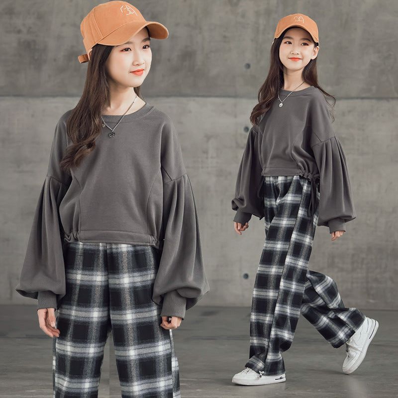 Girls' Suits Western Style Korean Children's Clothing Trendy Plaid Trousers Big Kids - iztia