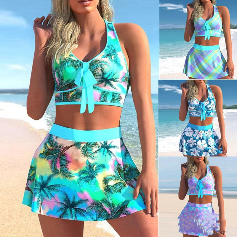 Split Swimwear Skirt Conservative Large Print - iztia