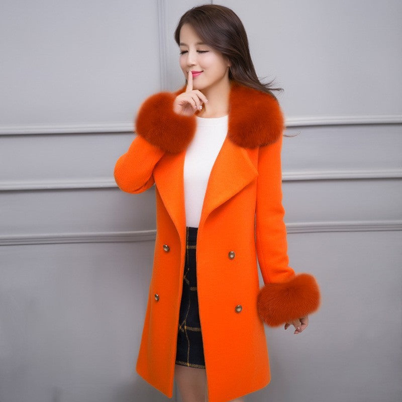 Big Fur Collar Warm Mid-length With Belt Coat - iztia