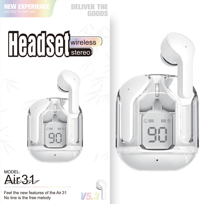 New Mini Transparent Wireless Bluetooth Headset Digital Display ENC Noise Reduction True Wireless Sports Music - iztia