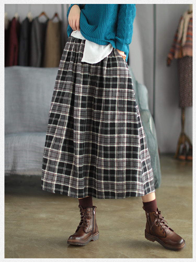 Ancient Coffee Clothing Artistic Brushed Plaid Skirt Retro Loose A- Line - iztia