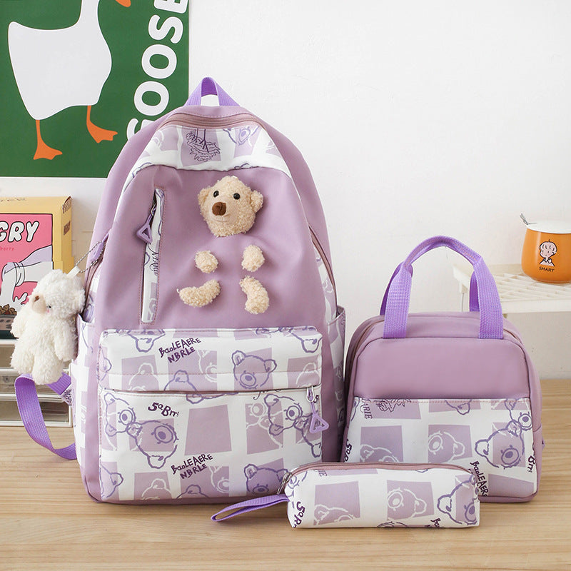 Elementary And Middle School Student Schoolbags Women's Cute Bear Lunch Box Three-piece Set - iztia