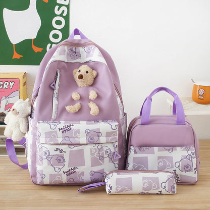 Elementary And Middle School Student Schoolbags Women's Cute Bear Lunch Box Three-piece Set - iztia