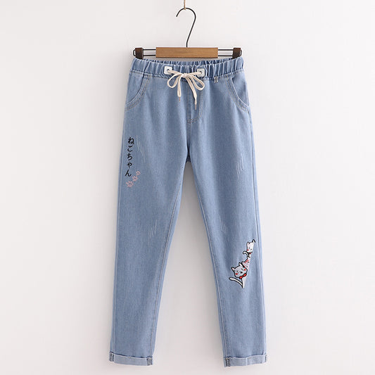 Fashion Embroidered Cat Denim Trousers For Women - iztia