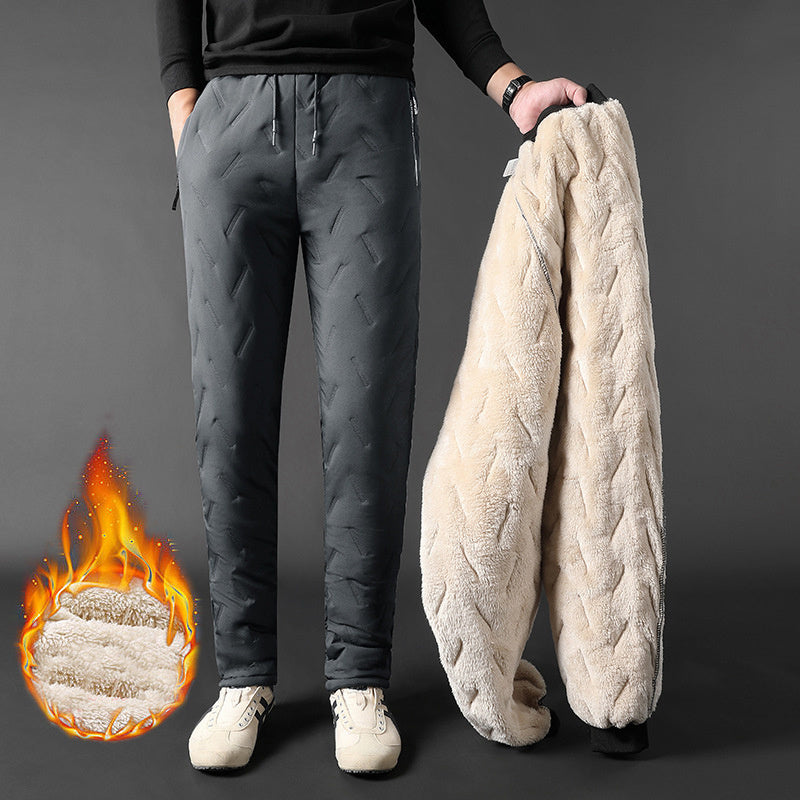 Men's Trousers Winter Velvet Thickening Loose Fleece Pants With Zip Pocket Large Size Windproof Warm Jogging Pants - iztia