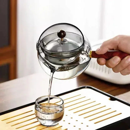 Semi-automatic Rotary Heat-resistant Glass Teapot Lazy Tea Making With Infuser And Wooden Handle Office Home Accessories Kitchen Gadgets - iztia