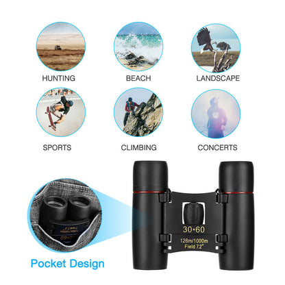 Binoculars 30x60 Zoom Travel Compact Folding Telescope Hunting Day Night Outdoor Small Pocket Binoculars Compact Adults, Mini Kids Binoculars Boys For Bird Watching, Concert Theater Opera - iztia