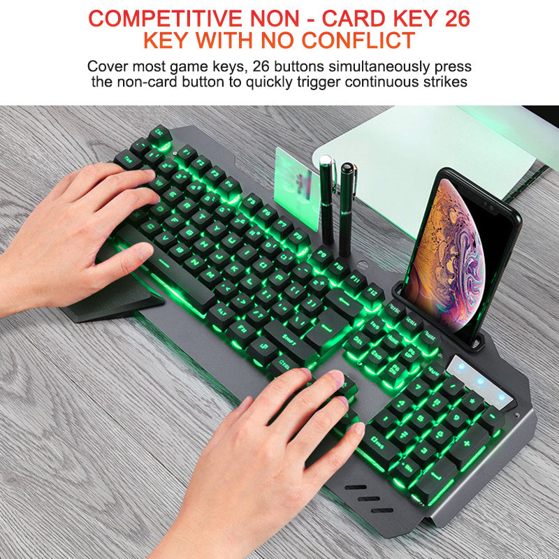 ErgonomicWired Gaming Keyboard with RGB Backlight Phone Holder - iztia